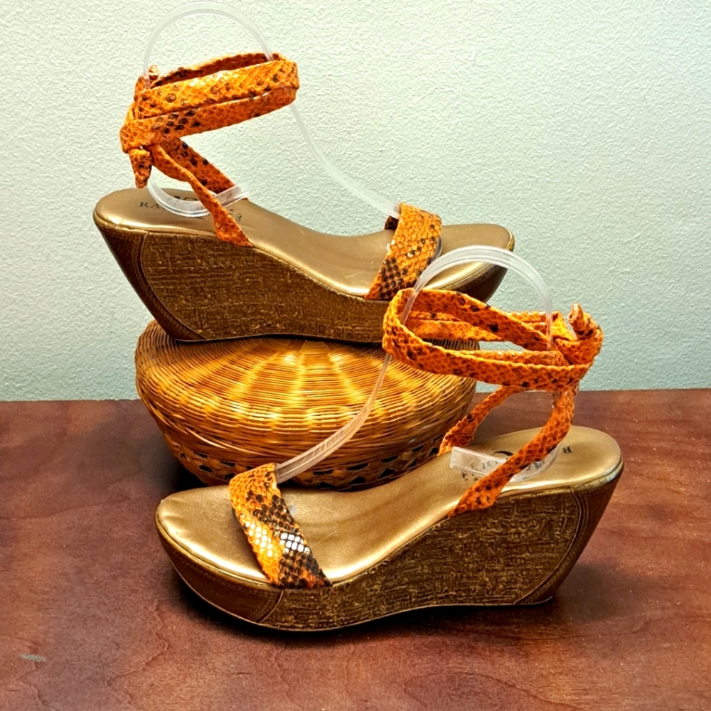 NR Rapisardi Leather Ankle Wrap Tie Wedge Sandals Women's Size 39/8.5 Or…